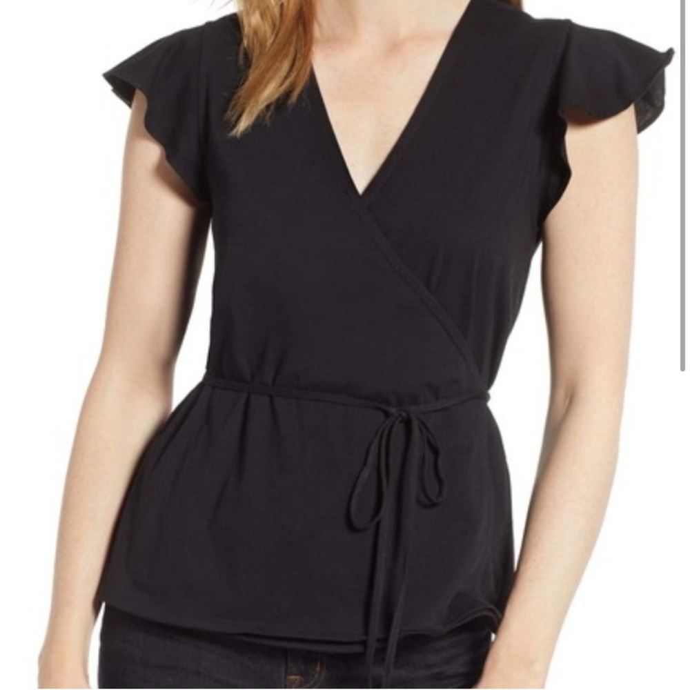 J. Crew Black Flutter Sleeve Faux Wrap Blouse